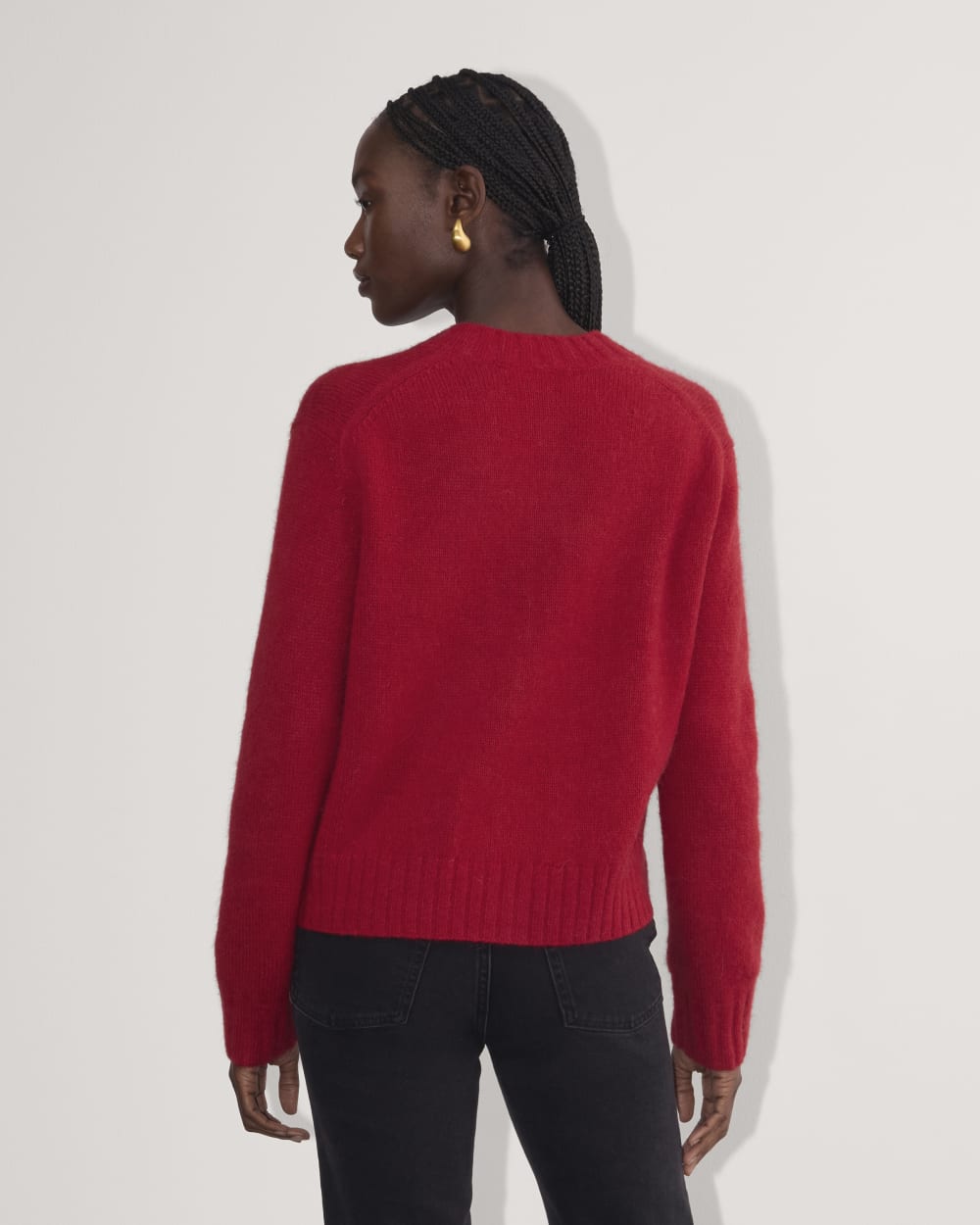 The Crew Cardigan in Alpaca in Berry Red — detail view