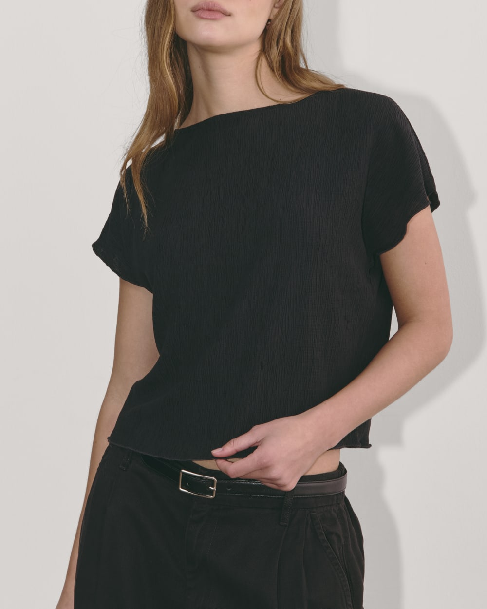 The Crinkle Top in Black — detail view