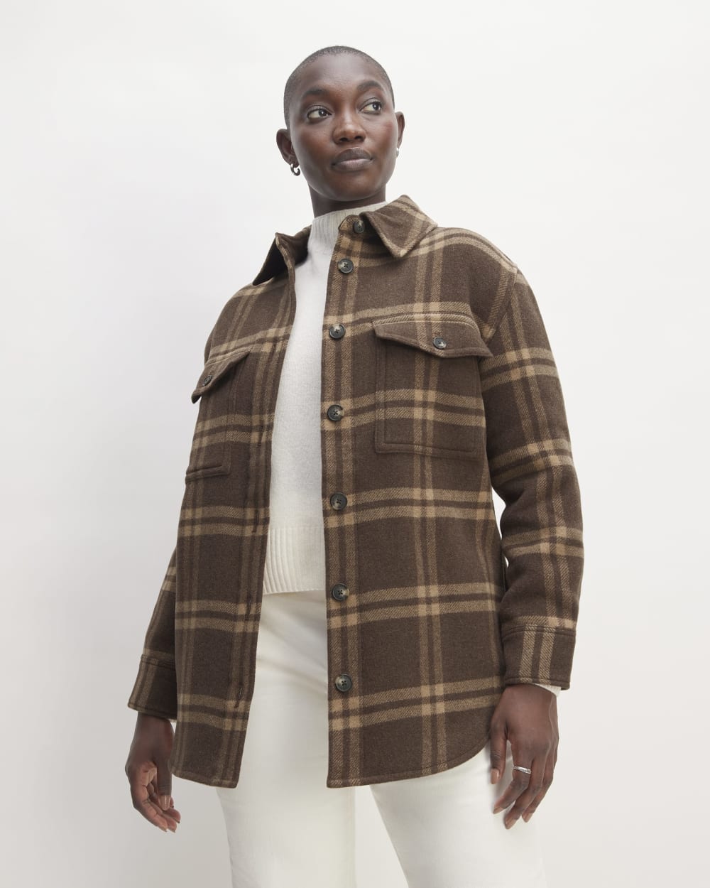 The Italian ReWool® Oversized Shirt Jacket in Brown / Camel — front view