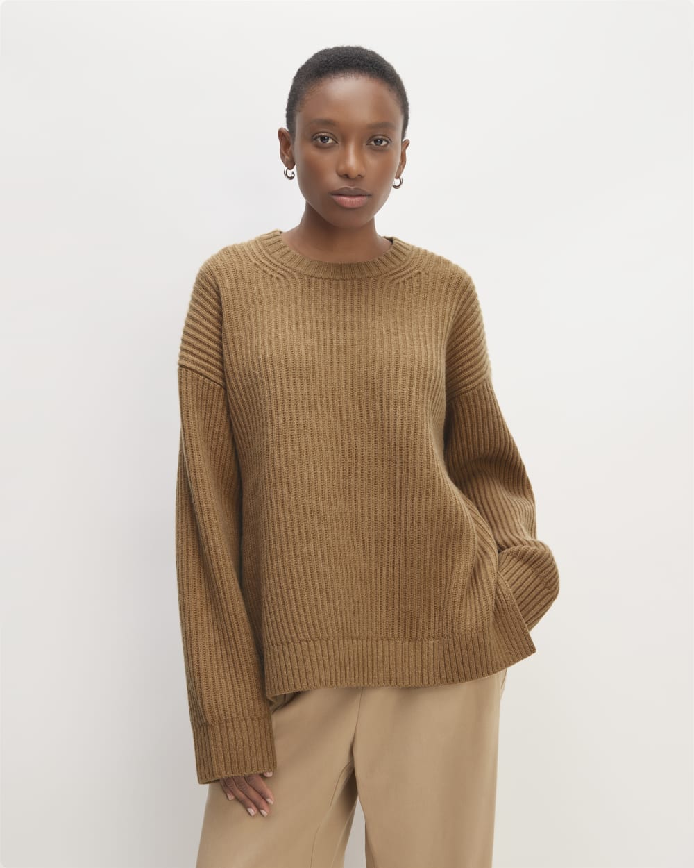 The Oversized Crew in Luxe Merino in Deep Camel — front view