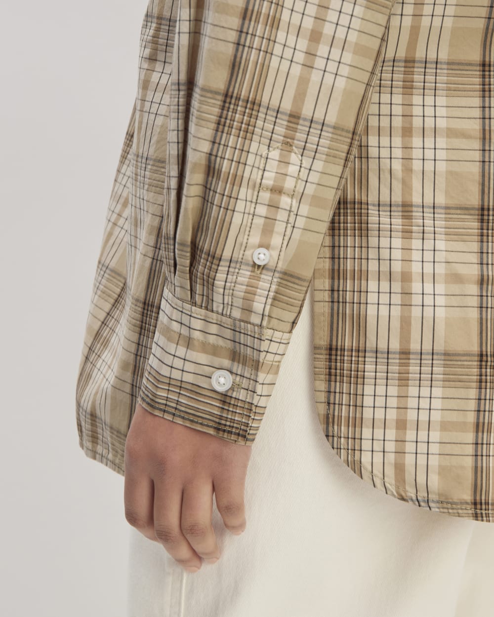 The Supima® Cotton Boyfriend Shirt in Pale Khaki Plaid — detail view