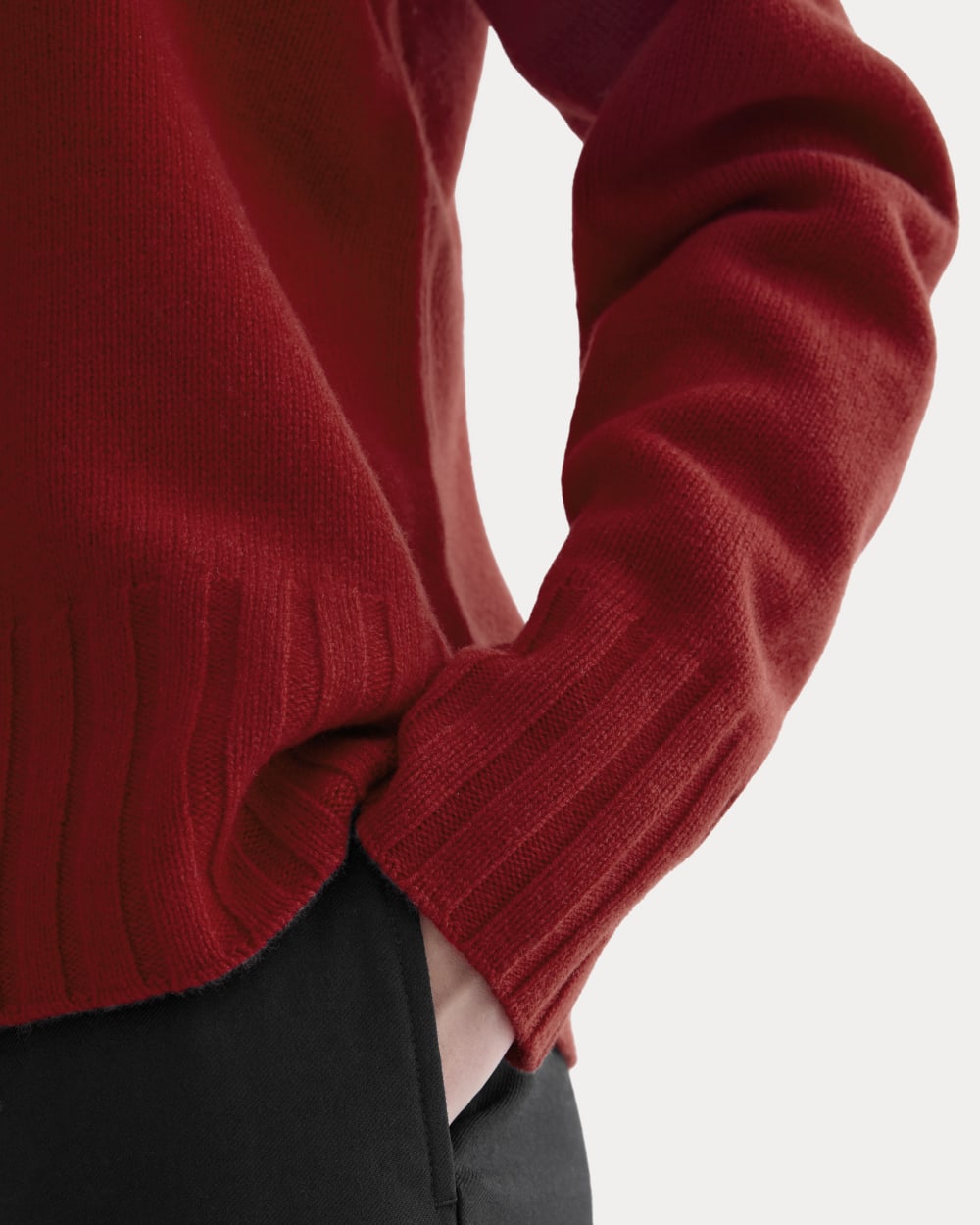 V-Neck Sweater in Extrafine Luxe Merino in Berry Red — detail view
