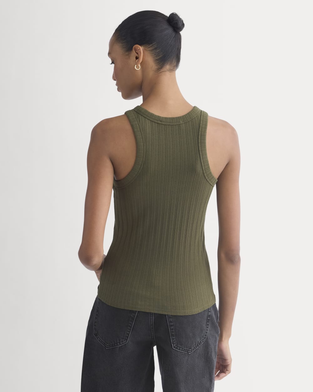 Racerback Tank in Pointelle in Olive Night — detail view