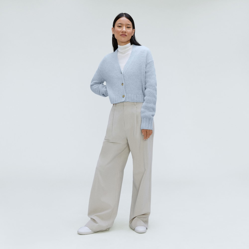 The Alpaca V-Neck Cropped Cardigan in Mist — detail view