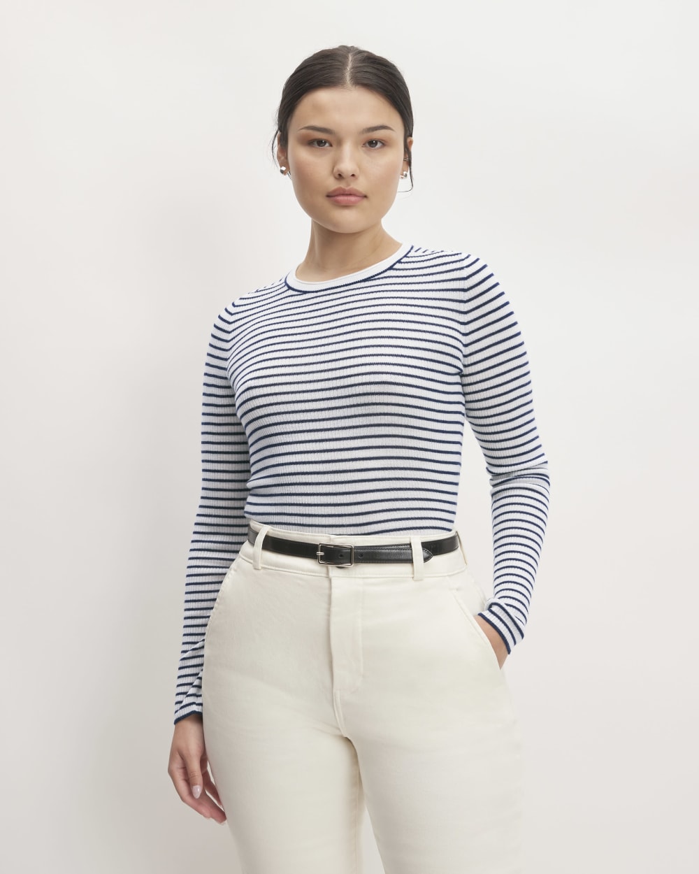 The Long-Sleeve Sweater Tee in Ultrasoft Merino in Bone/Navy — front view