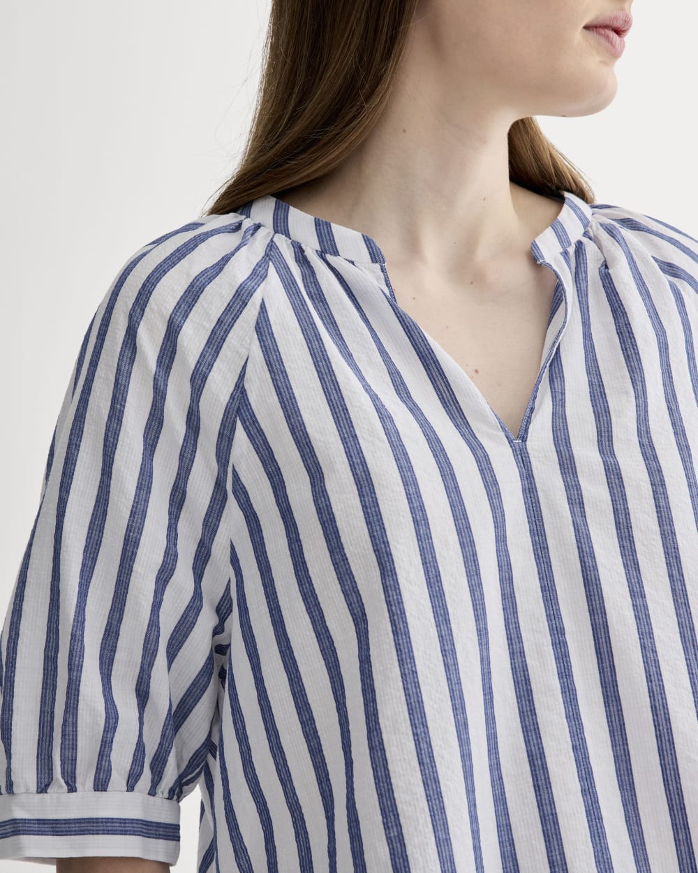 The Gauze Gathered Top in White / Mazarine Blue — detail view