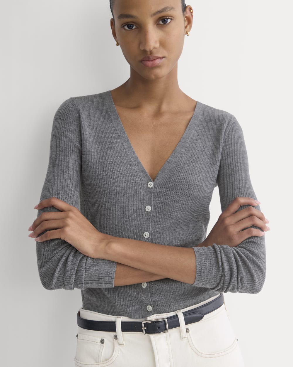 The Cardigan in Ultrasoft Merino in Heather Mid Grey — front view