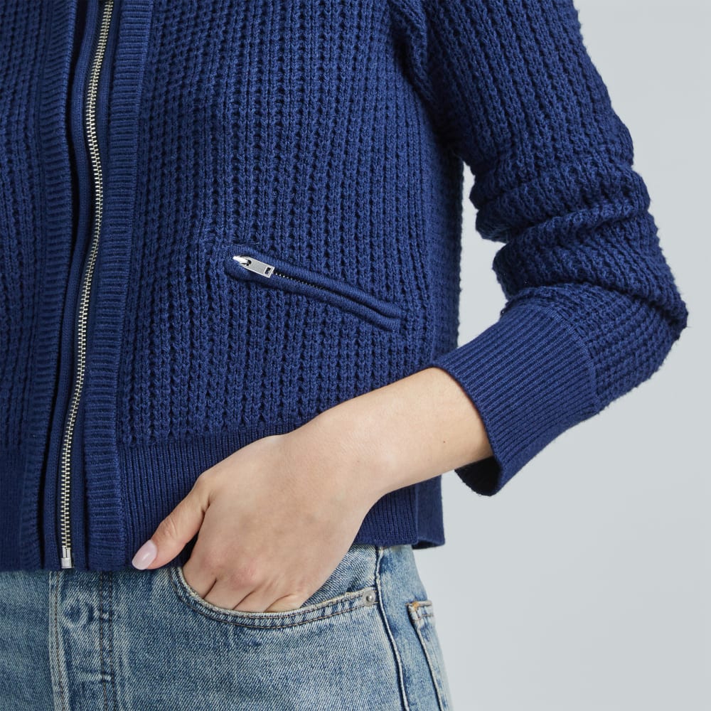 The Cropped Cotton-Merino Bomber in Bright Navy — detail view