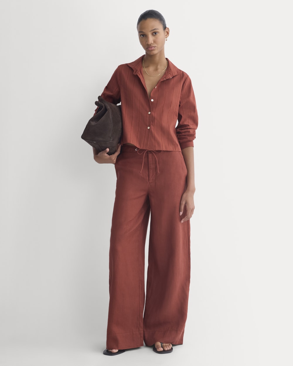Wide-Leg Drawstring Pant in Linen in Henna Red — front view