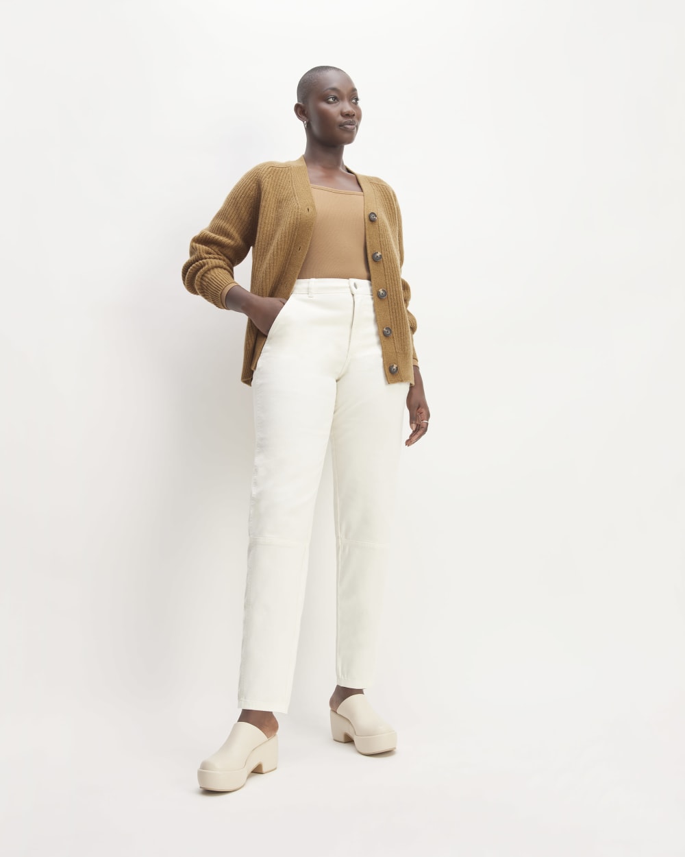 The Felted Merino Cardigan in Deep Camel — detail view