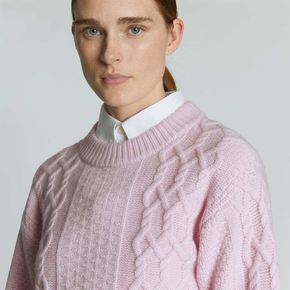 The Felted Merino Cropped Cable Sweater in Light Lilac — detail view
