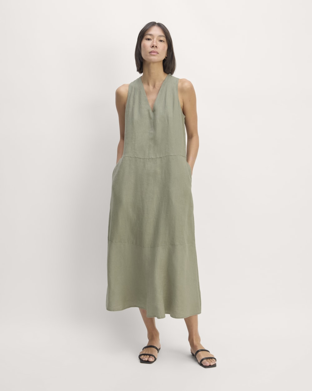 The Linen V-Neck Maxi Dress in Sage Green — detail view