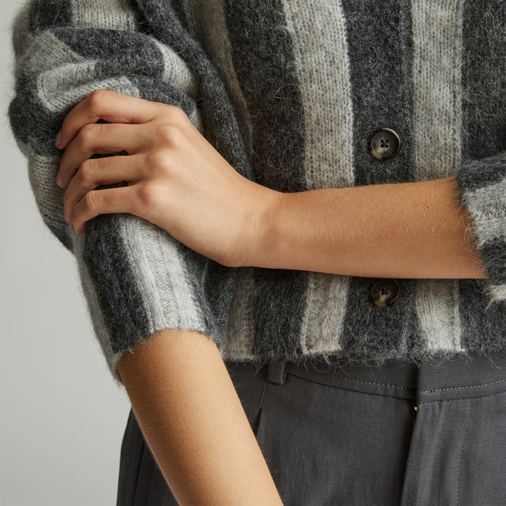 The Alpaca V-Neck Cropped Cardigan in Light Heather Grey / Dark Charcoal — detail view