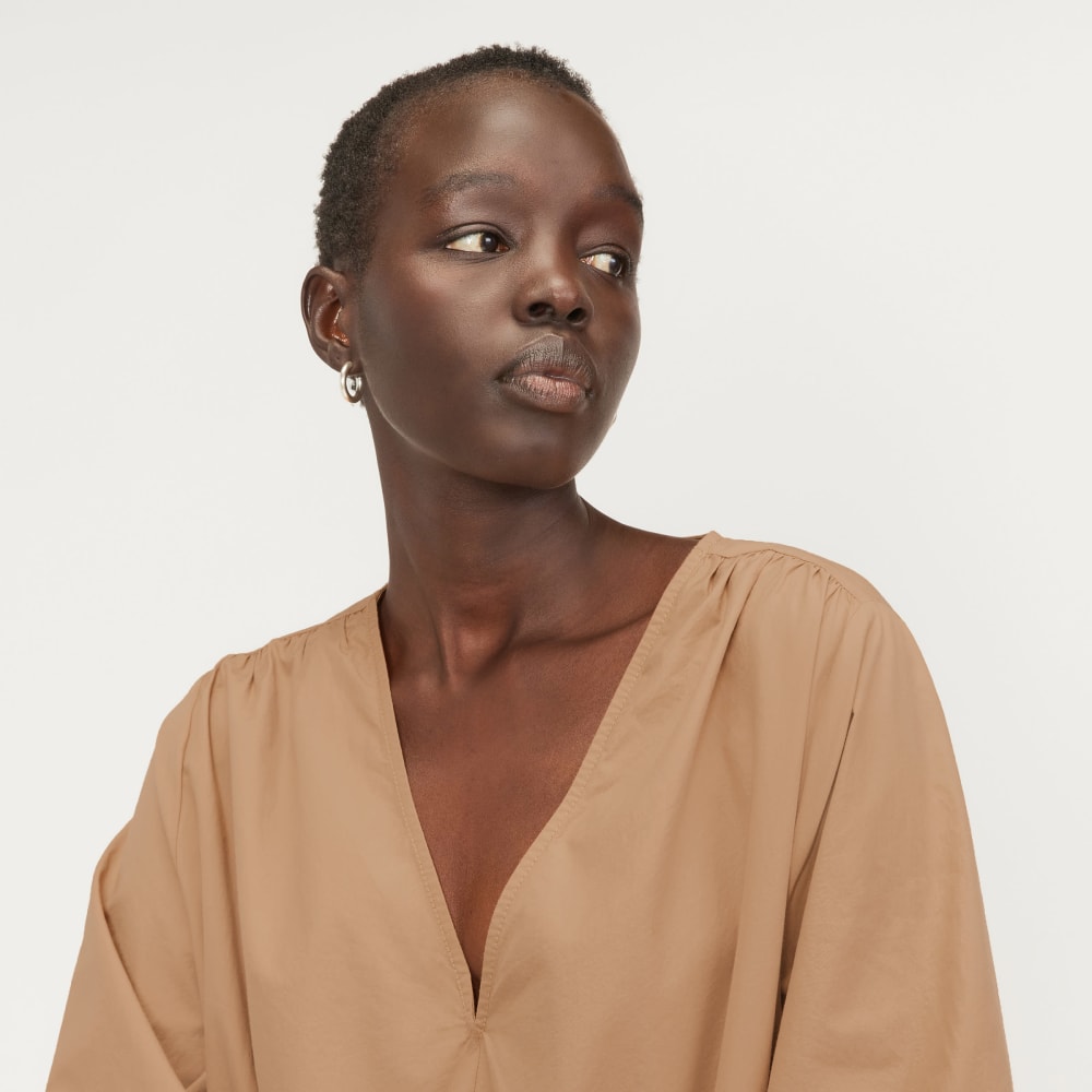 The Poplin Tiered Dress in Caramel — detail view