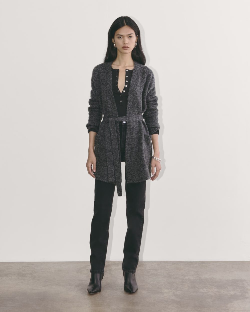 The Robe Cardigan in Alpaca in Dark Charcoal — detail view