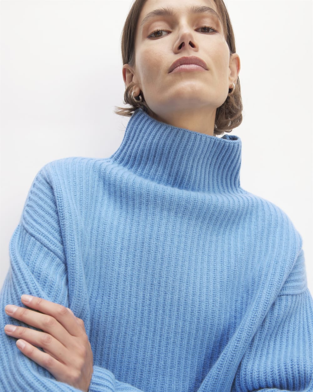 The Felted Merino Funnel-Neck Pullover in Heritage Blue — detail view