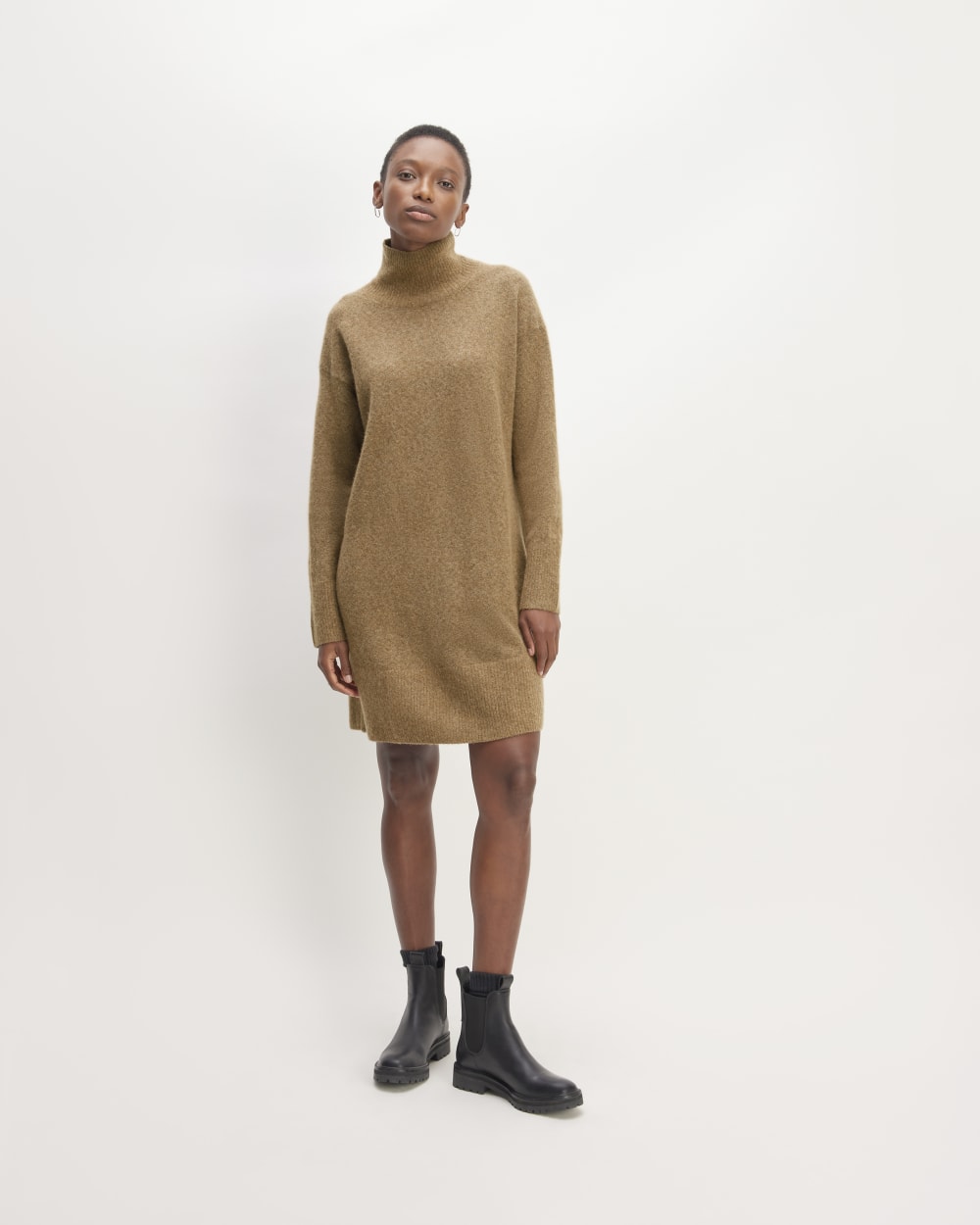 The Cozy Stretch Turtleneck Dress in Heathered Toasted Coconut — front view