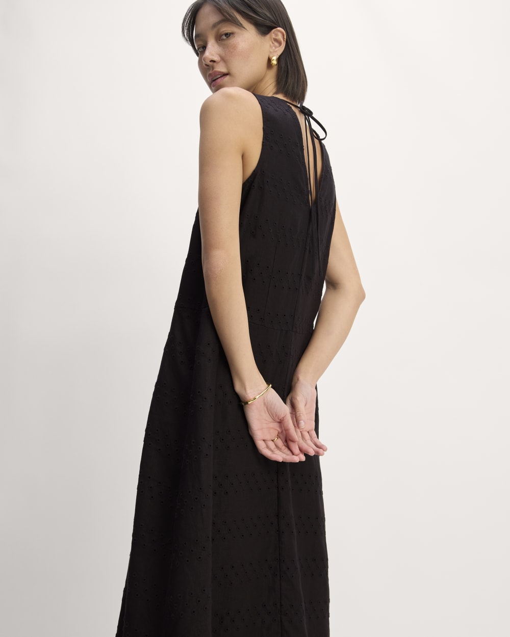 The Linen Eyelet Maxi Dress in Black Eyelet — detail view