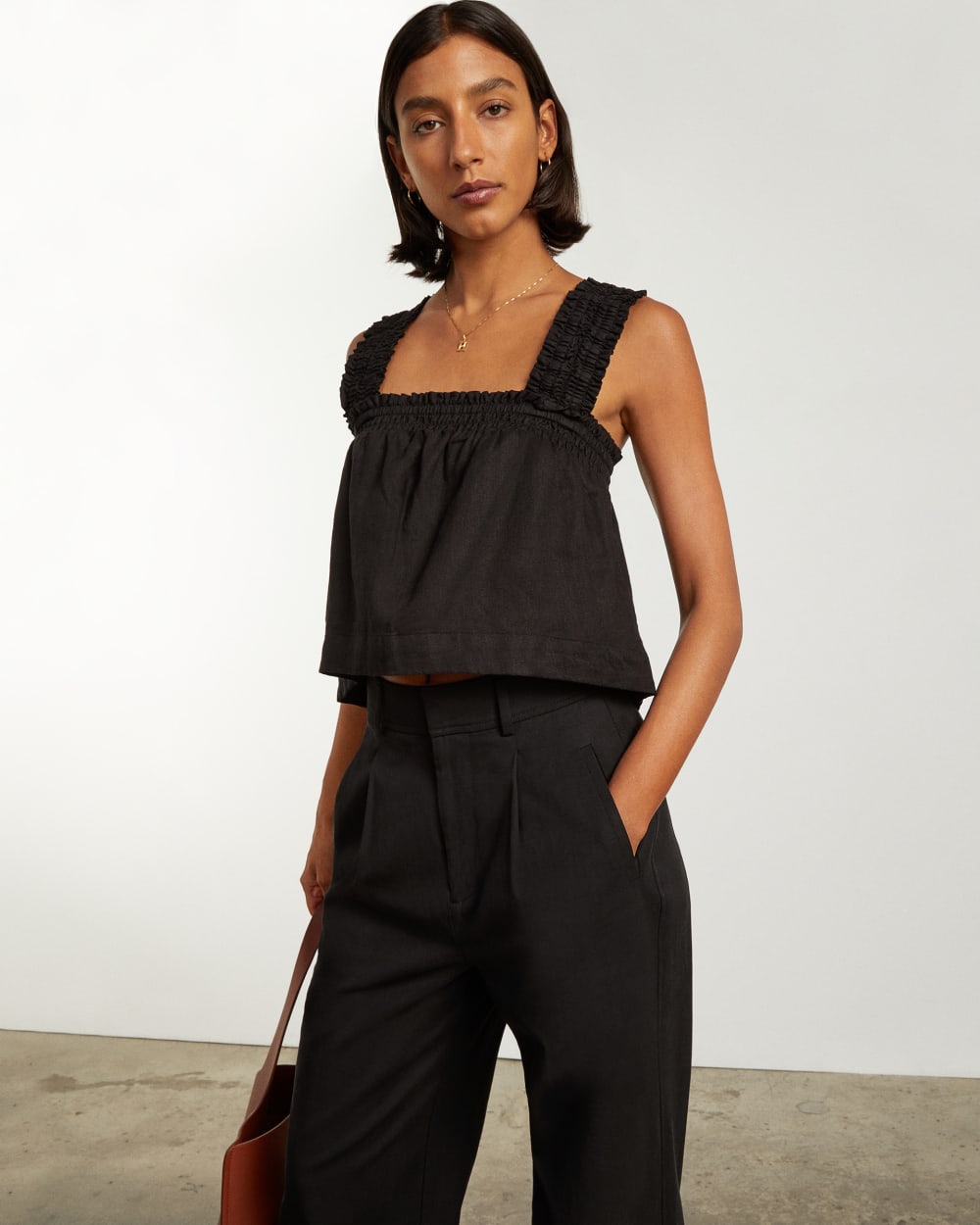 The Smocked Linen Cami in Black — detail view