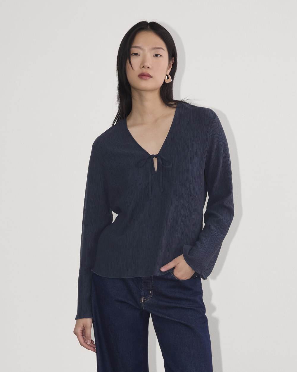The Crinkle Long-Sleeve in Navy — front view