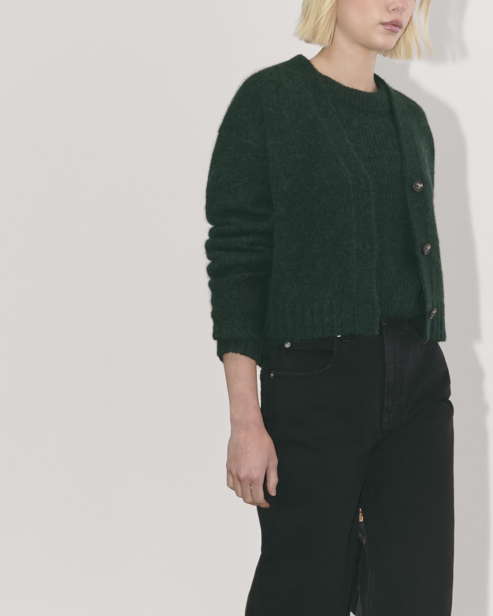 The Boxy Cardigan in Alpaca in Scarab — detail view