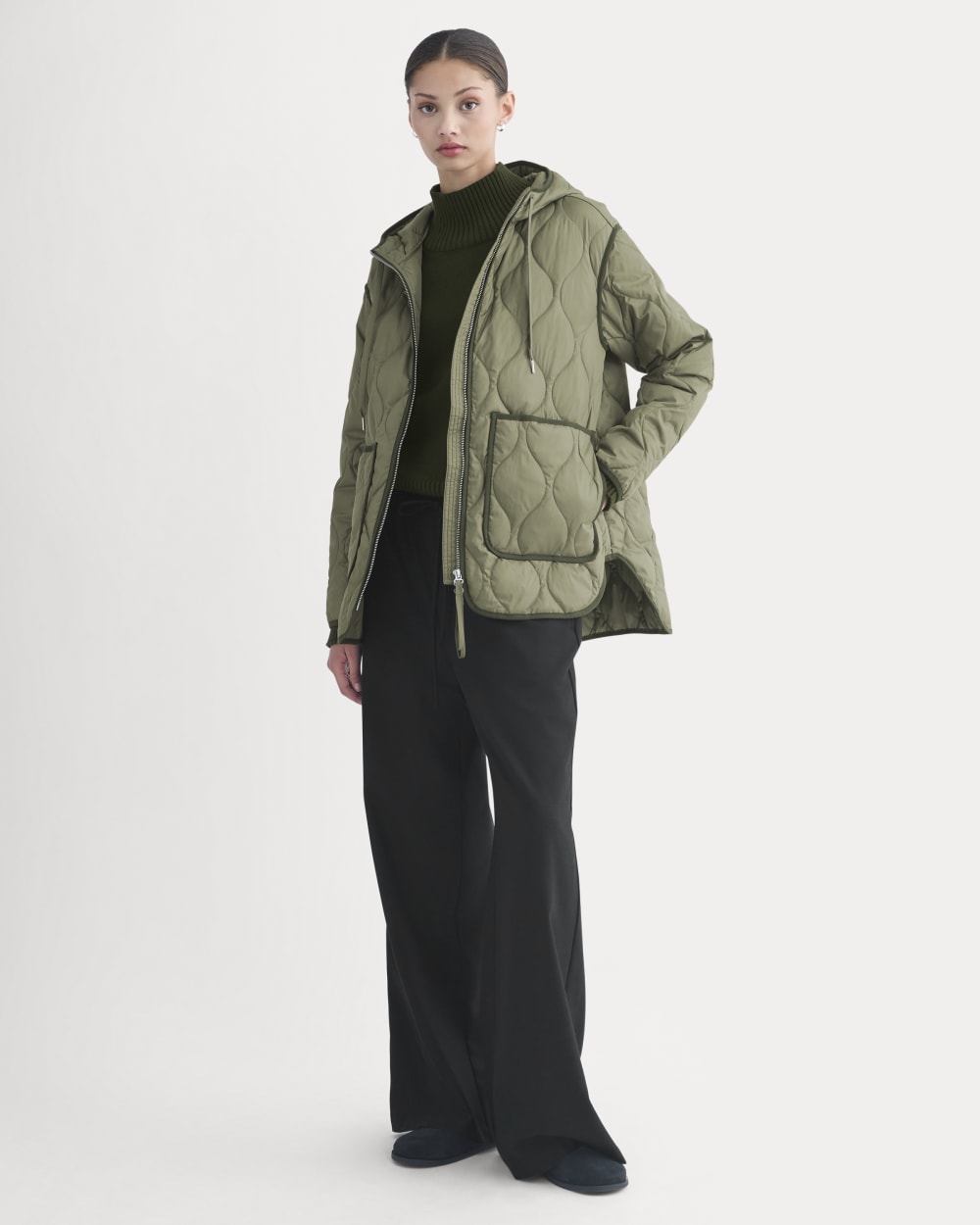 ReNew Quilted Hooded Liner in Lichen Green — detail view