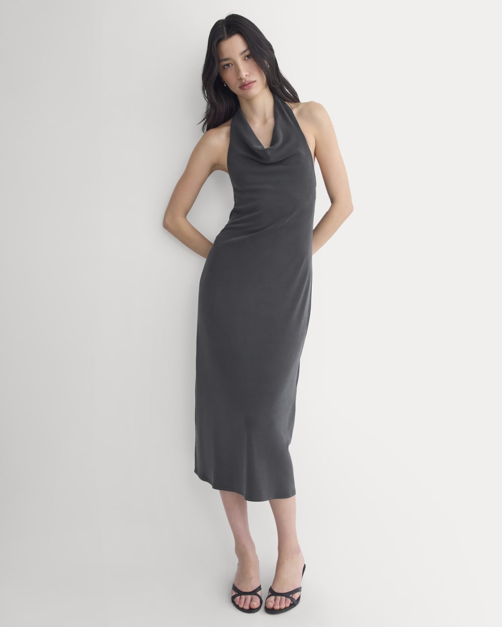 Cowlneck Halter Dress in Butterknit in Black — front view