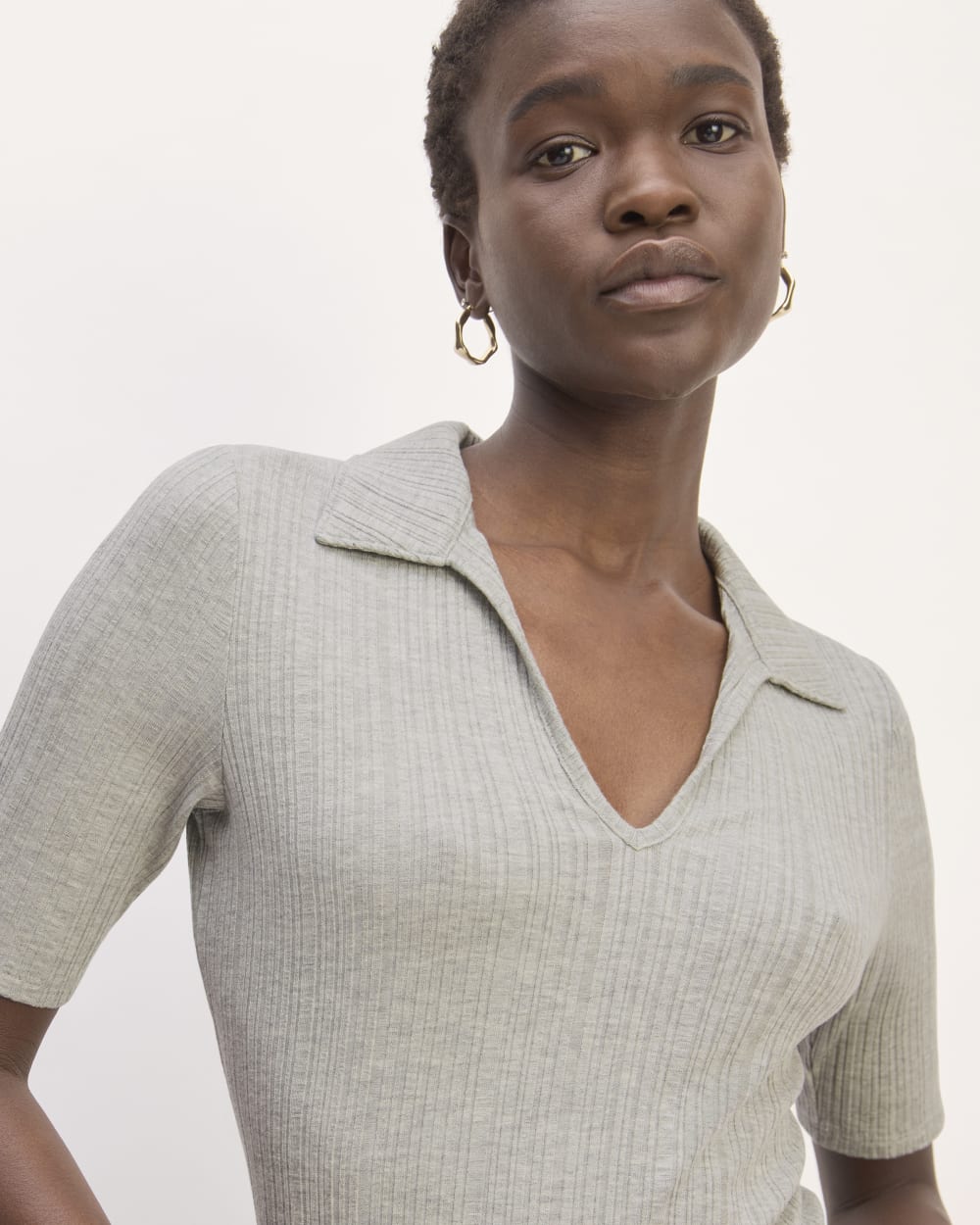 The Rib Soft Knit Open Collar Polo in Heathered Grey — detail view