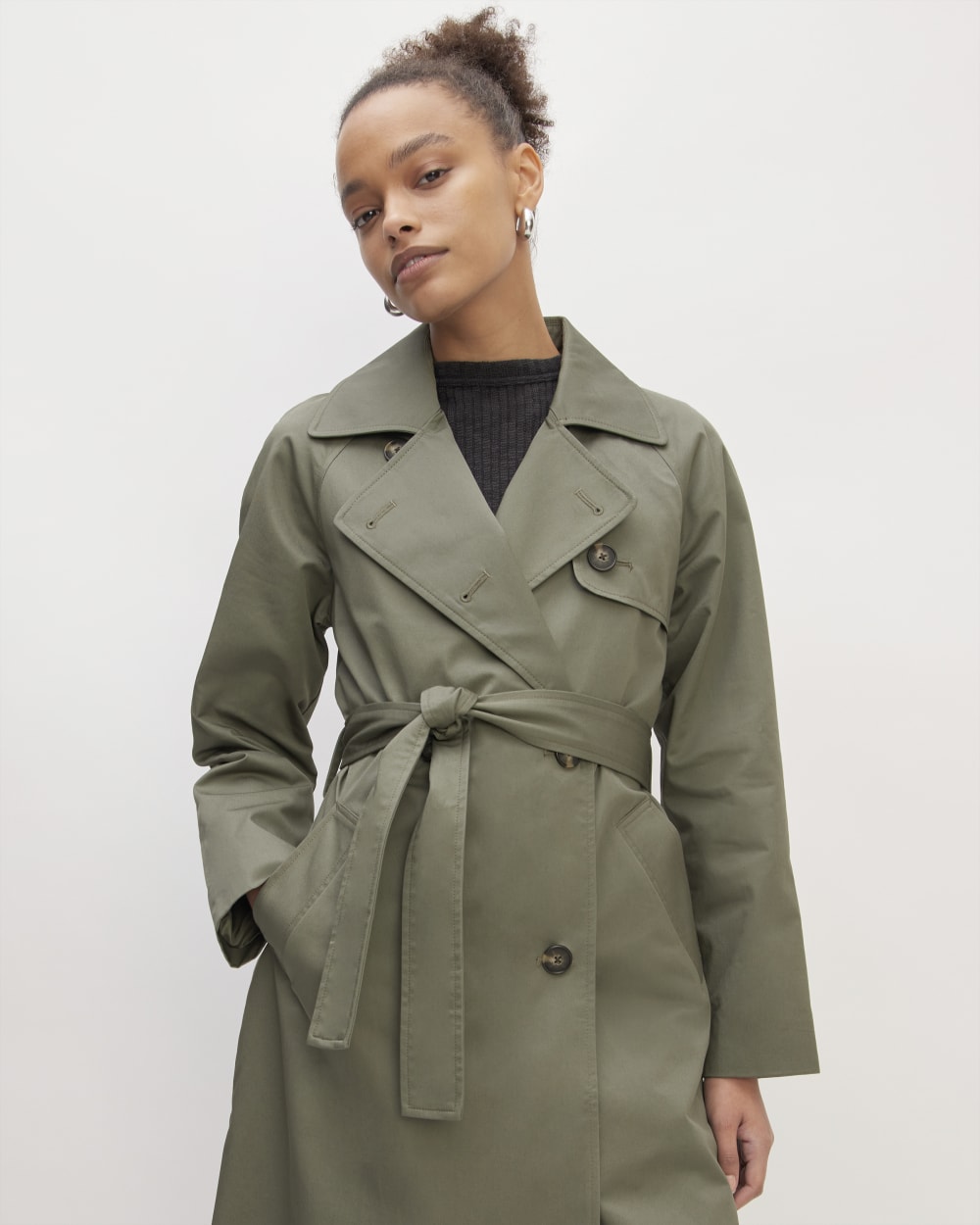 The Trench Coat in Pewter Green — detail view