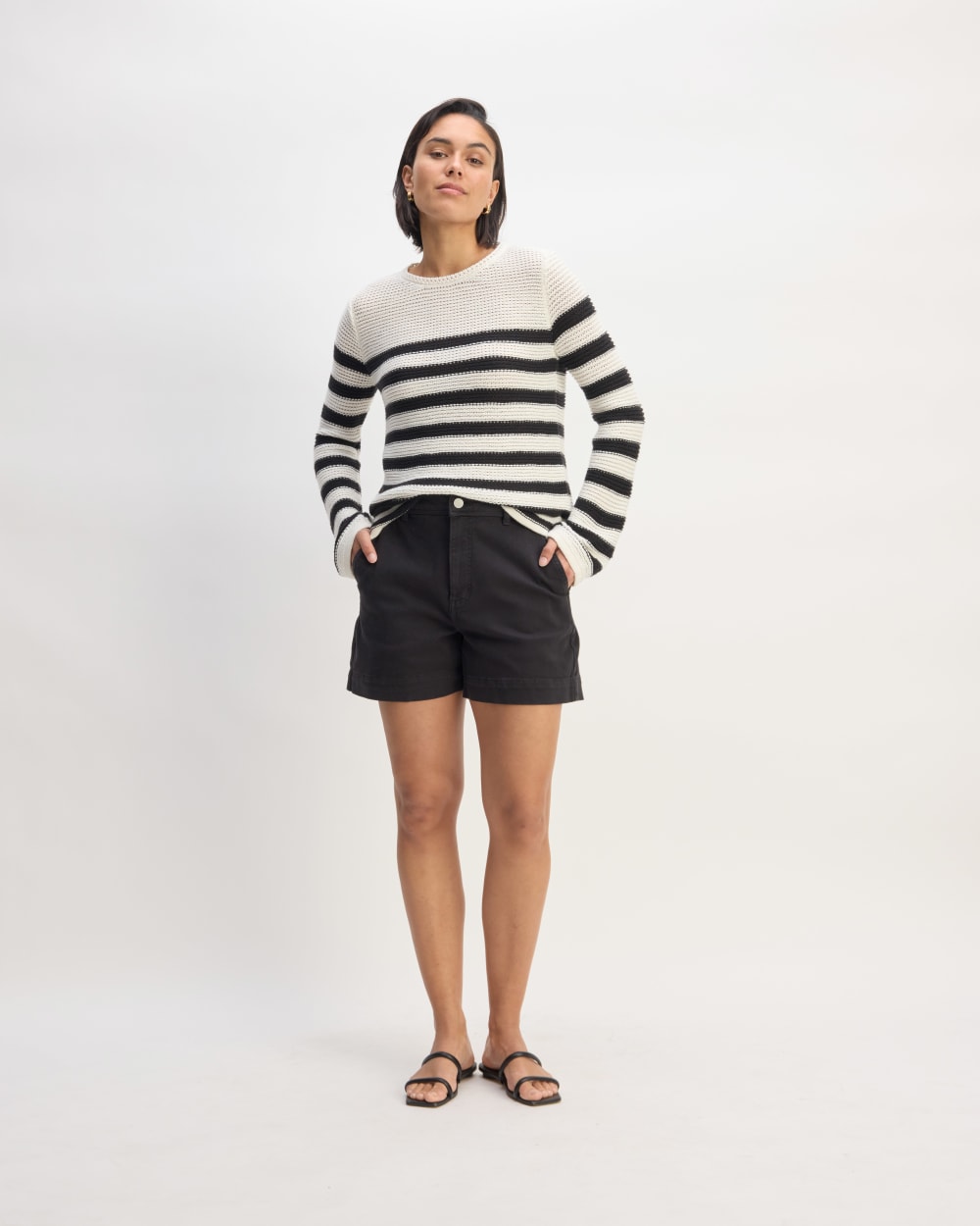 The Organic Cotton Open-Stitch Crew in Black / Bone — detail view