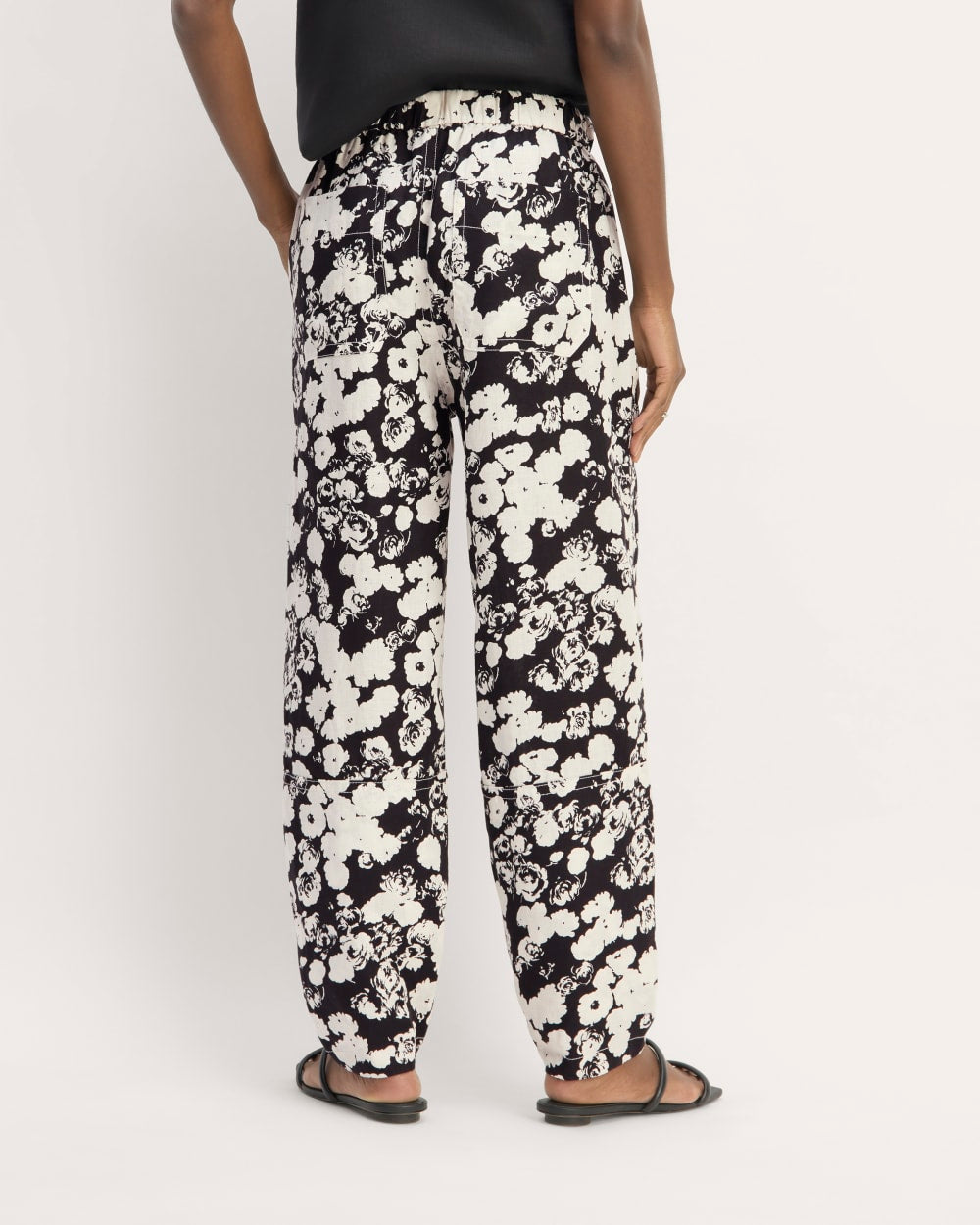 The Linen Pull-On Barrel Pant in Black / Bone Floral — detail view