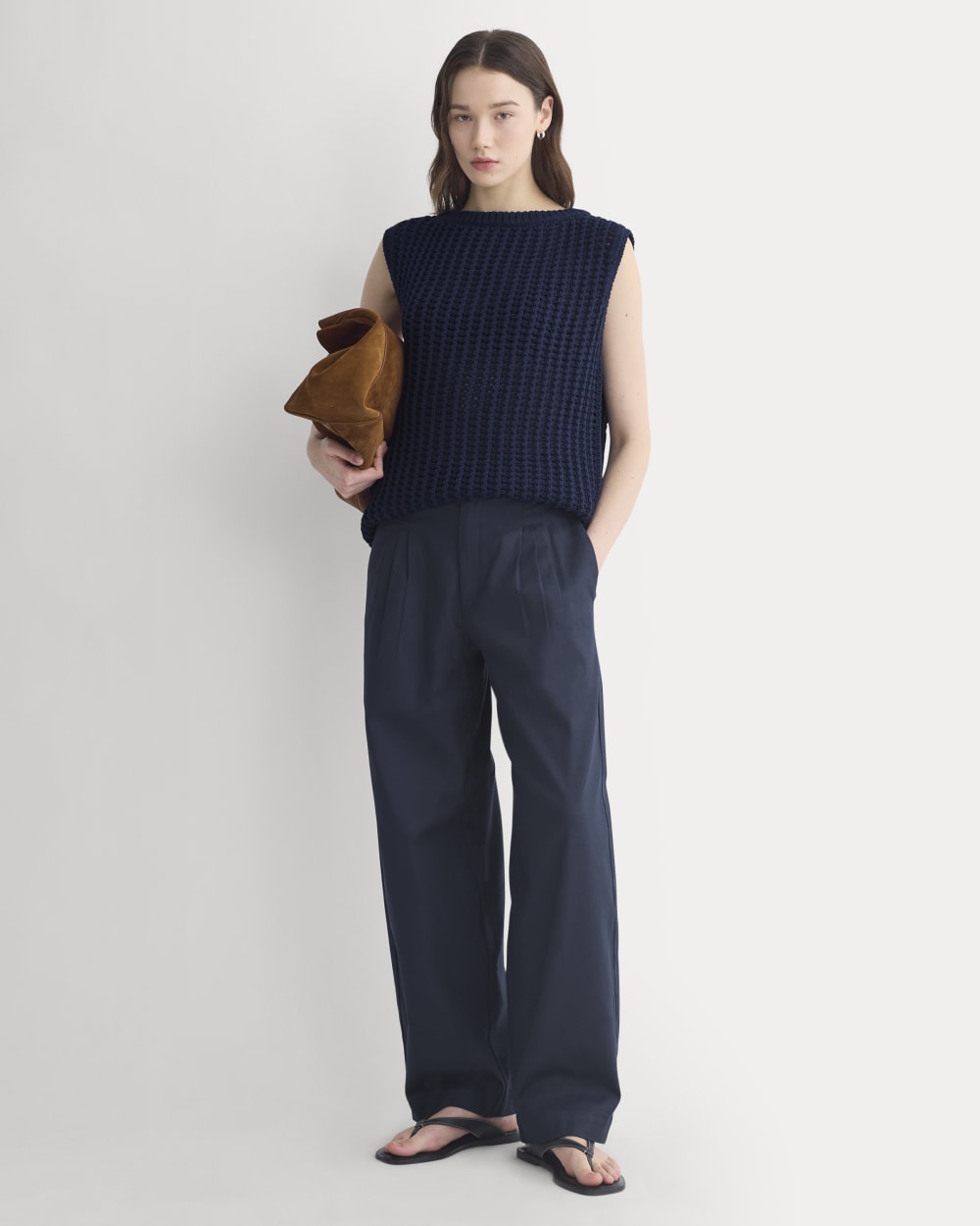 Open-Knit Tunic Vest in Elevated Cotton in Navy — detail view