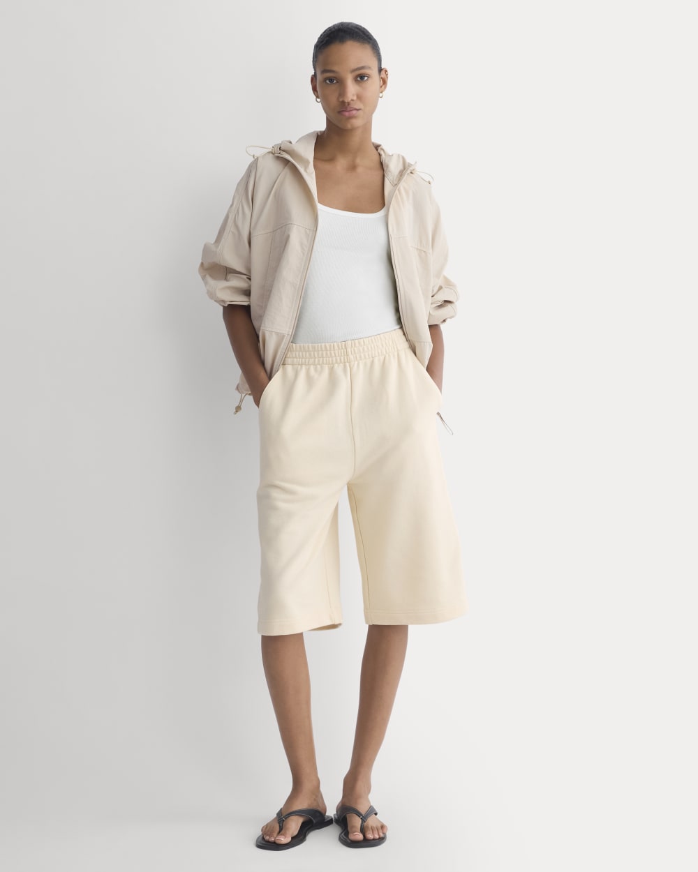 Lightweight Terry Long Shorts in Parchment — front view