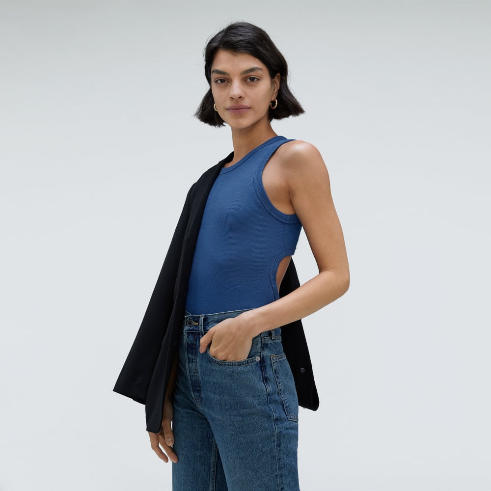 The Ribbed Cutout Tank in Deep Blue — detail view