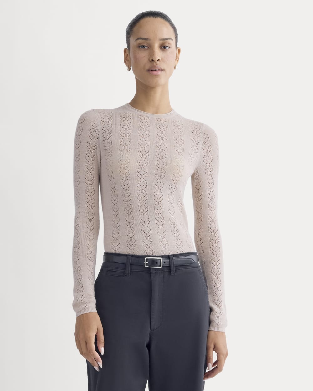 The Pointelle Crew in Ultrasoft Merino in Pale Blush — front view