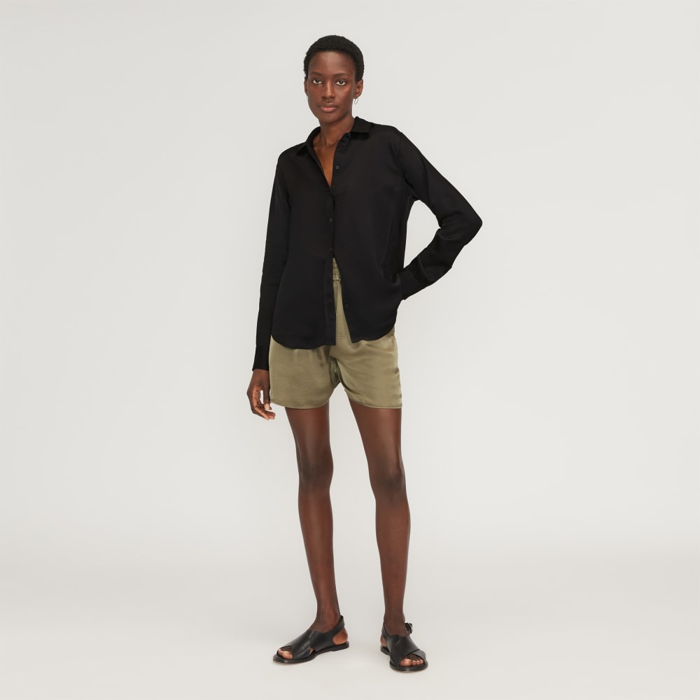 The Satin Relaxed Shirt in Black — detail view