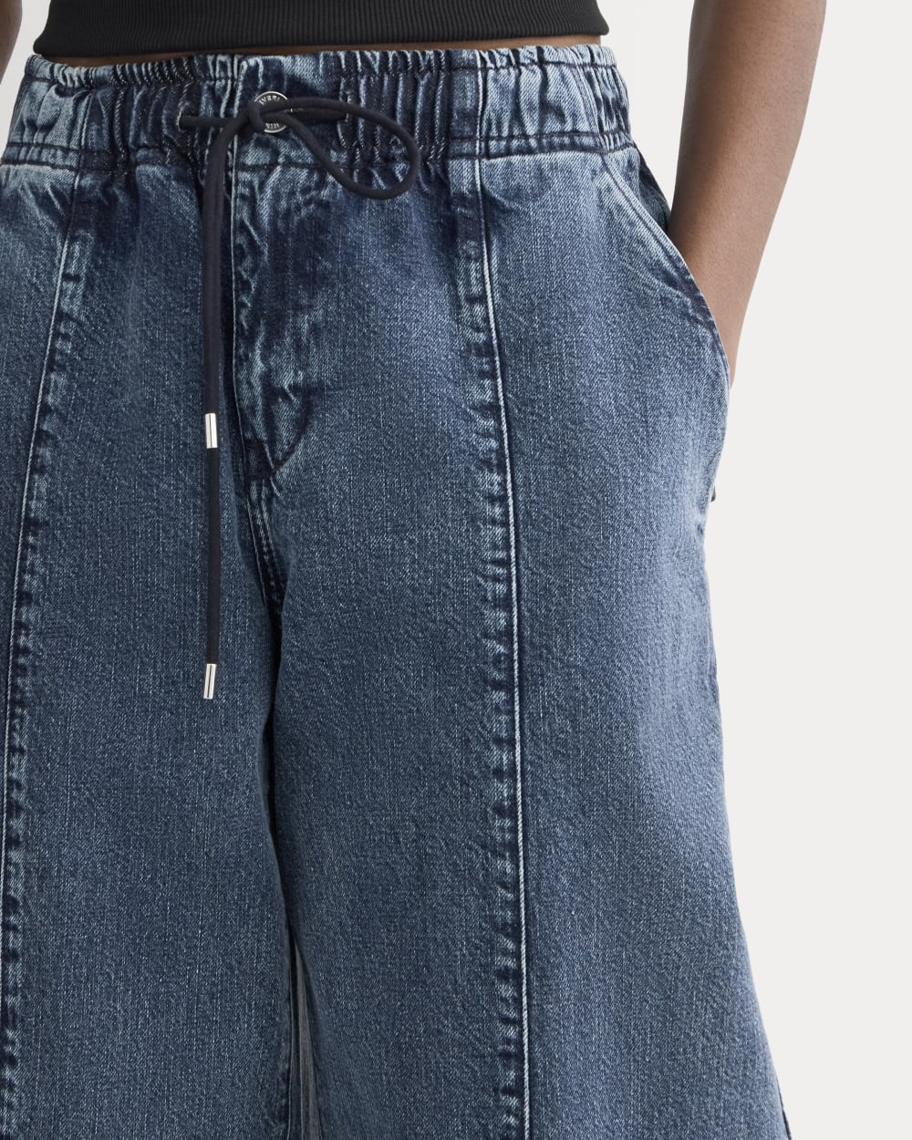 The Drawstring Baggy Jean in Mid Indigo — detail view