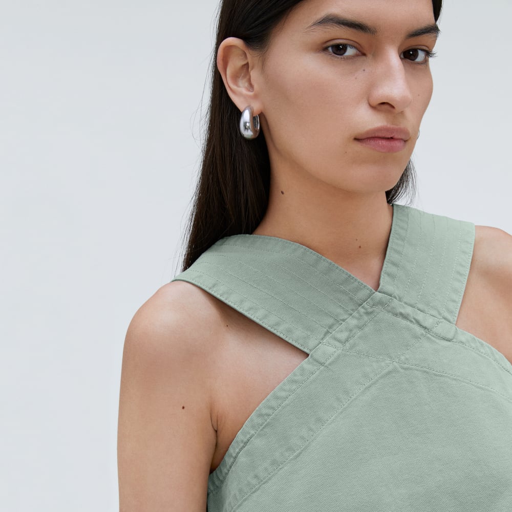 The Cross-Front Apron Top in Sea Glass — detail view