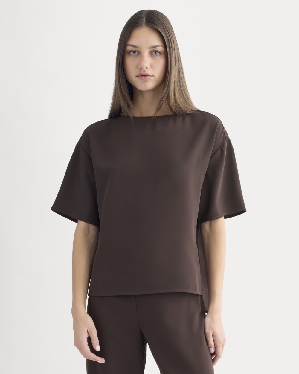 Drapey Crepe Top in Dark Chocolate — front view