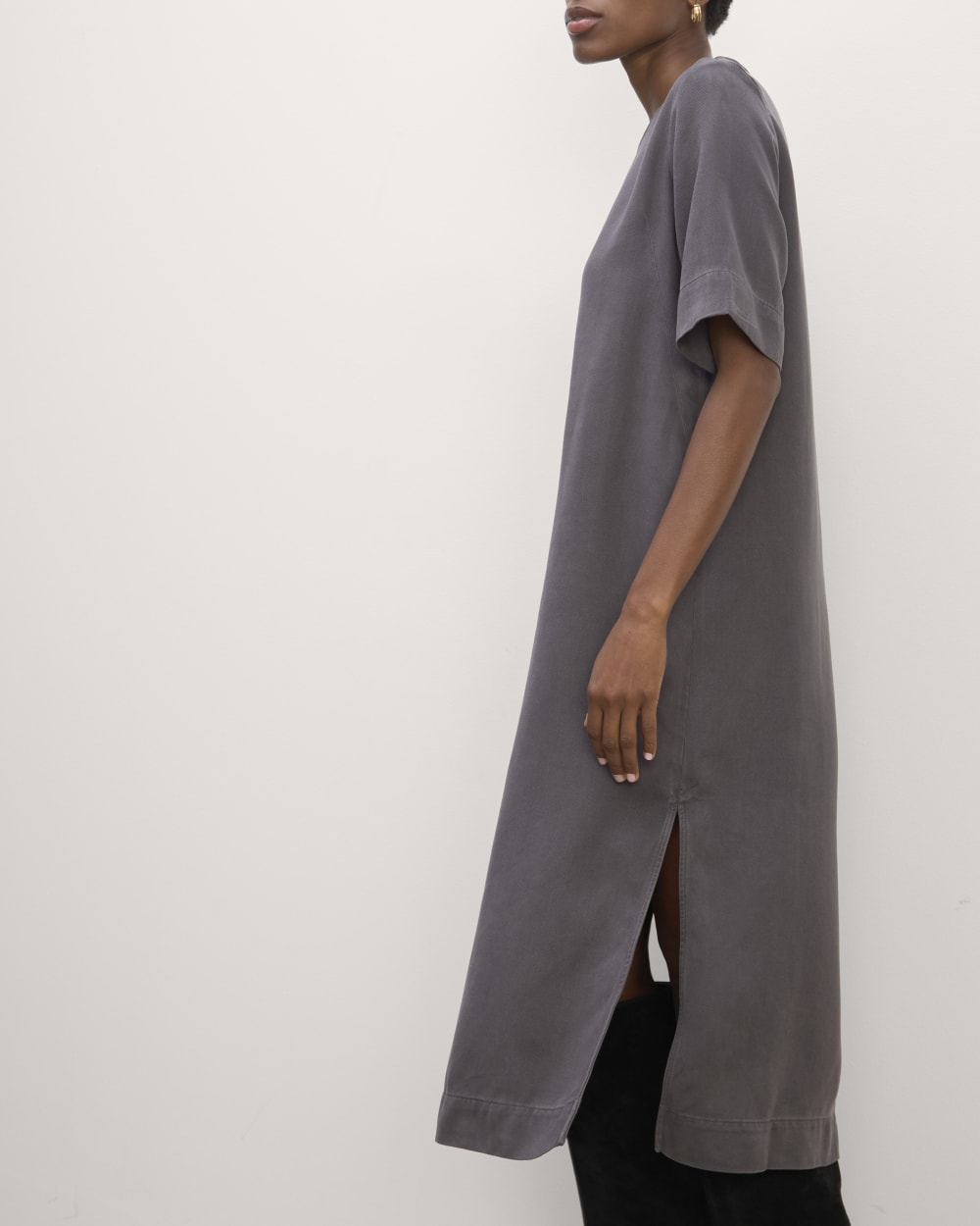 The Relaxed T-Shirt Dress in Buttersoft in Graphite — detail view