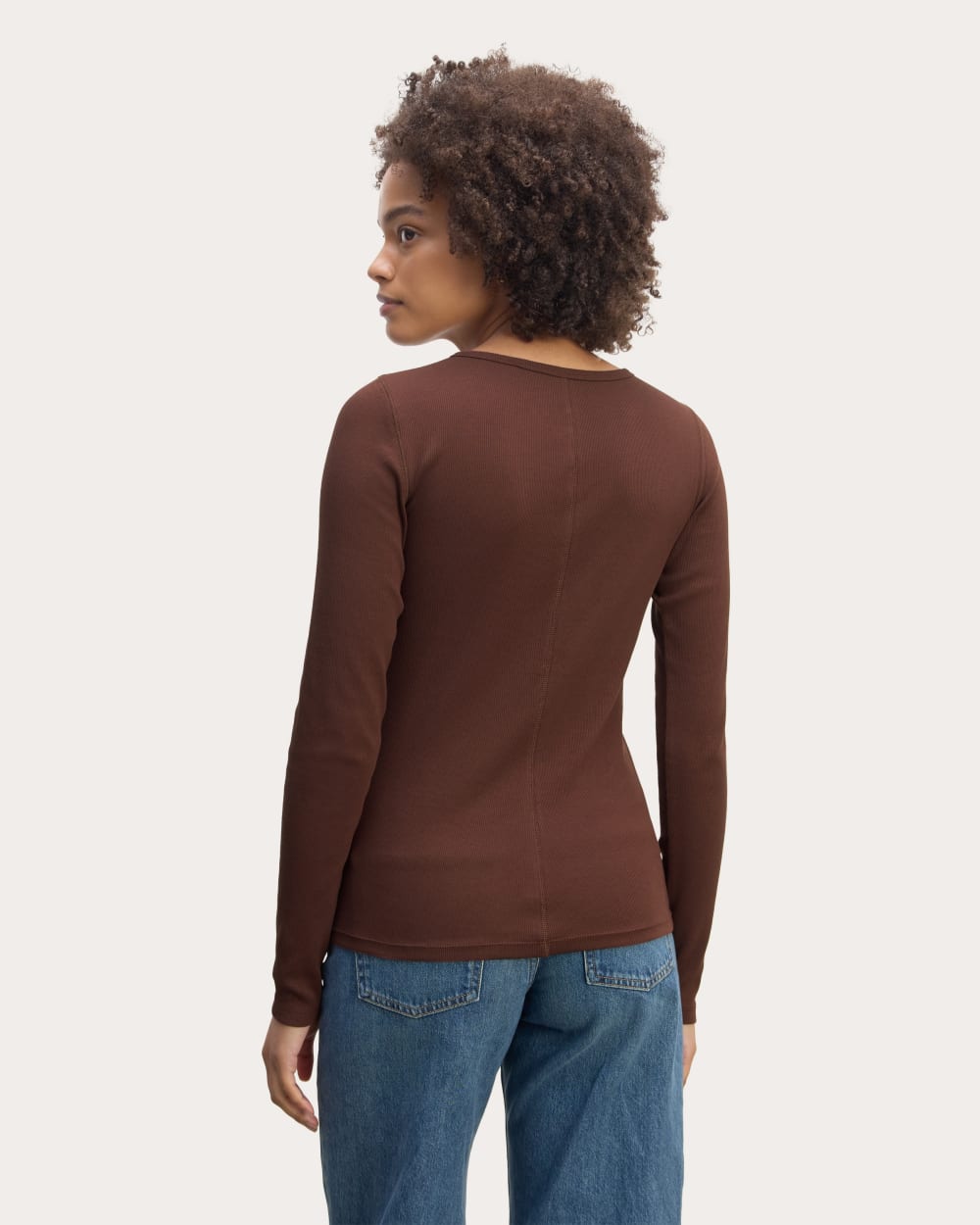 The Luxe Rib Long-Sleeve Crew in Dark Mahogany — detail view