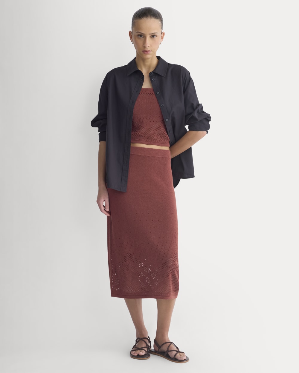 Lace-Knit Maxi Skirt in Henna Red — front view