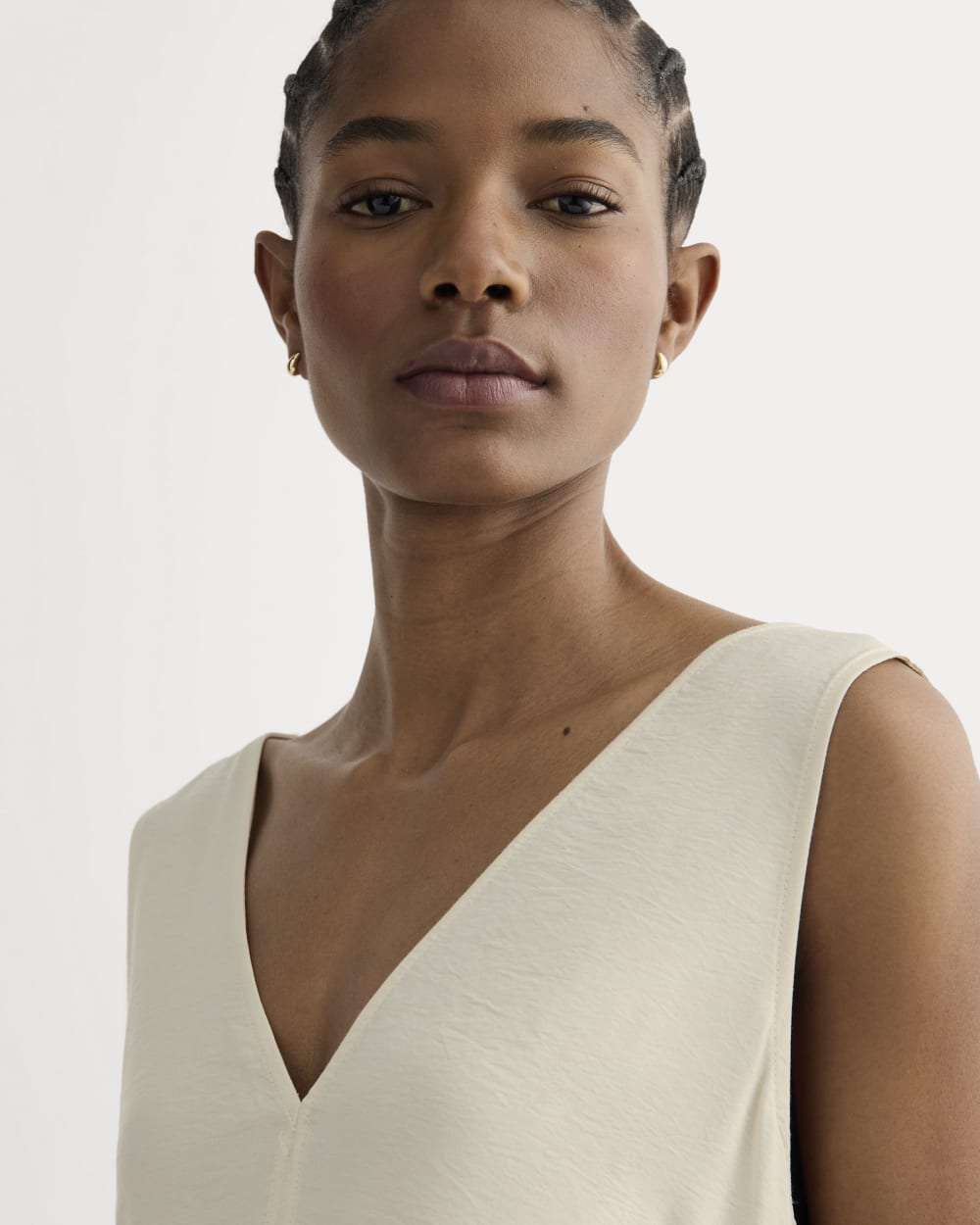 The V-Neck Dress in SoftLuxe in Sandshell — detail view