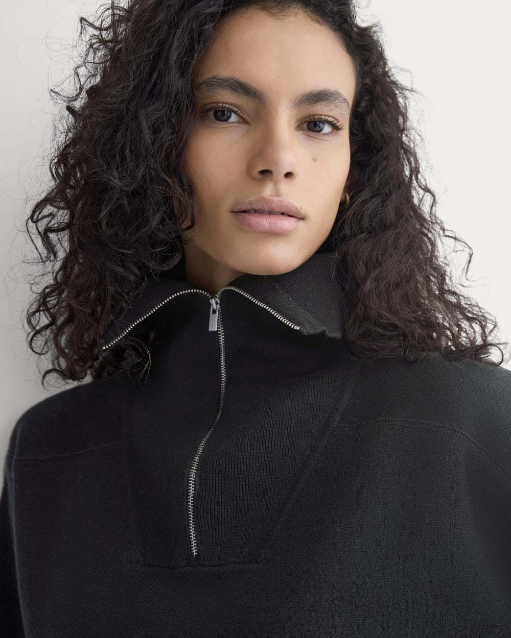 Double Knit Half-Zip in Cotton Merino in Black — detail view
