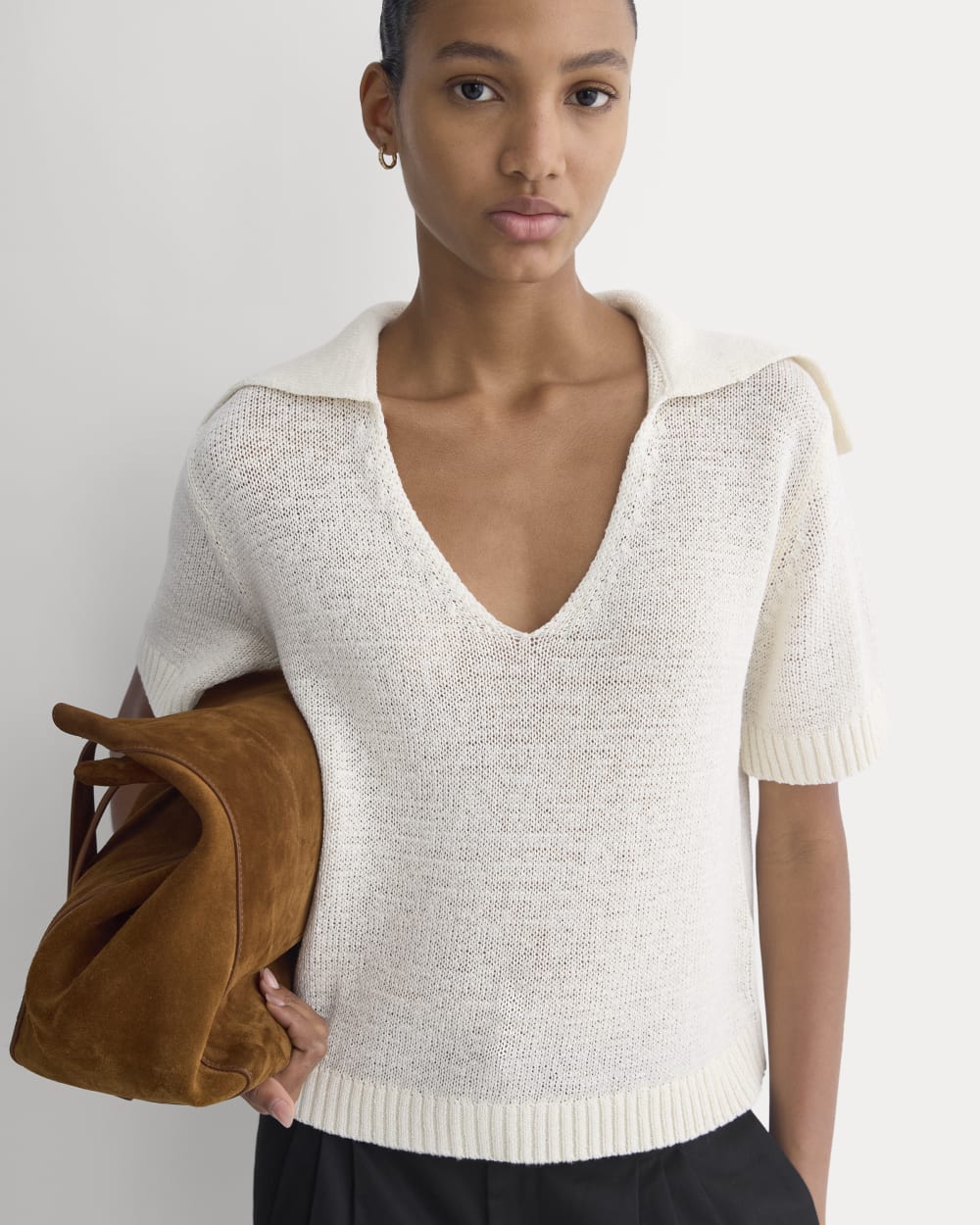 Open Collar Polo in Bone — detail view