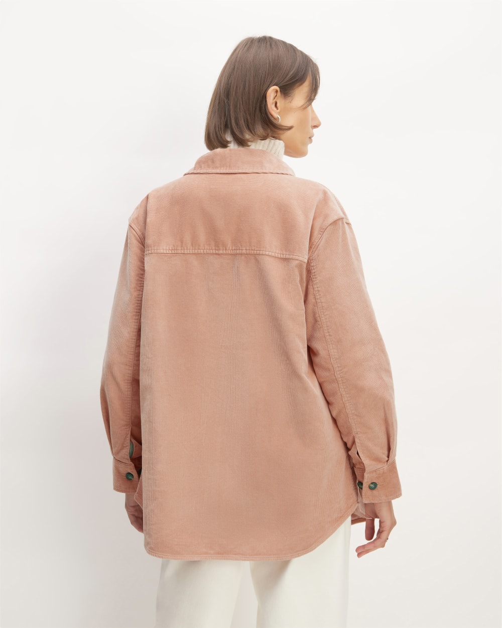 The Corduroy Oversized Shirt Jacket in Blush Pink — detail view