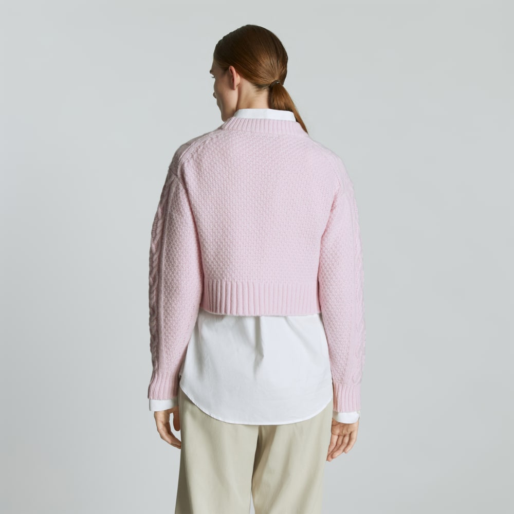 The Felted Merino Cropped Cable Sweater in Light Lilac — detail view