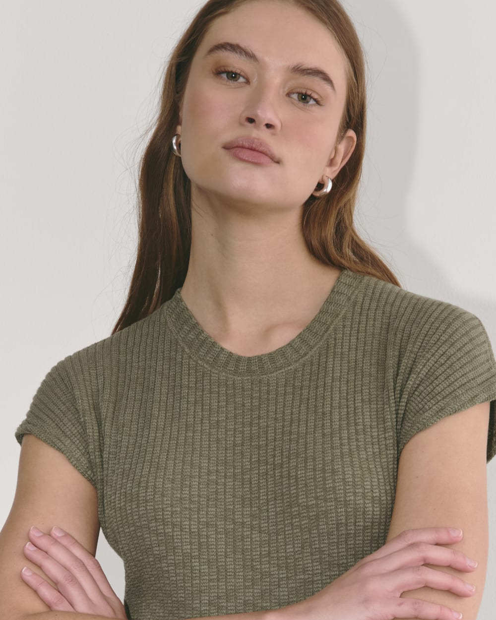The Rib-Knit Cap-Sleeve Midi Dress in Kalamata — detail view