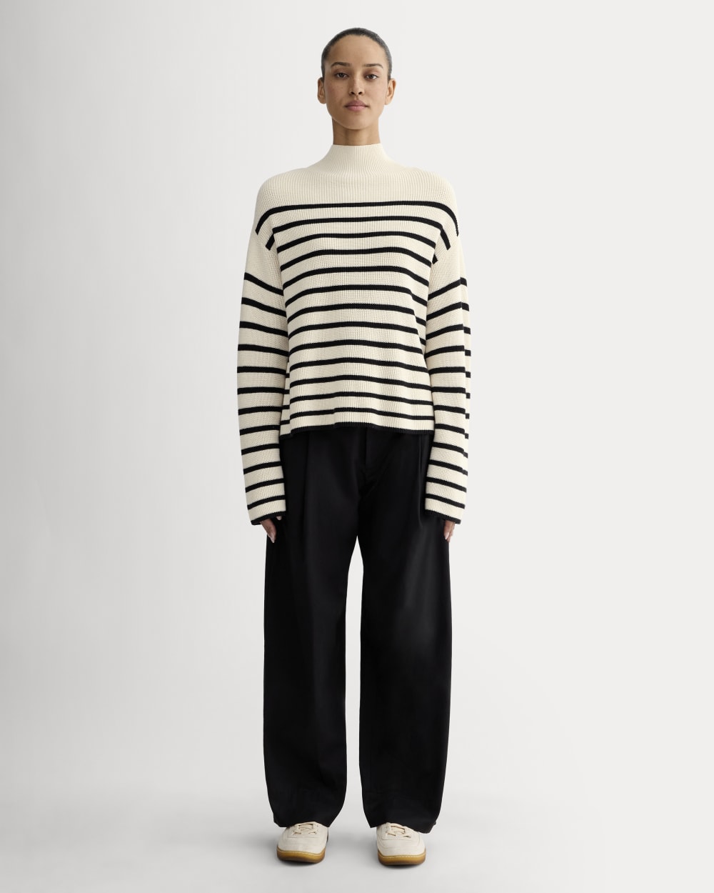 The Slouchy Funnel Neck in Everyday Cotton in Canvas / Black — detail view