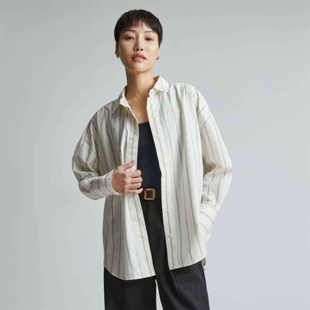 The Oversized Poplin Shirt in Black / Canvas Tan — front view